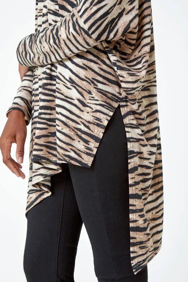 Women Natural Animal Print Asymmetric Stretch Top Roman Tops