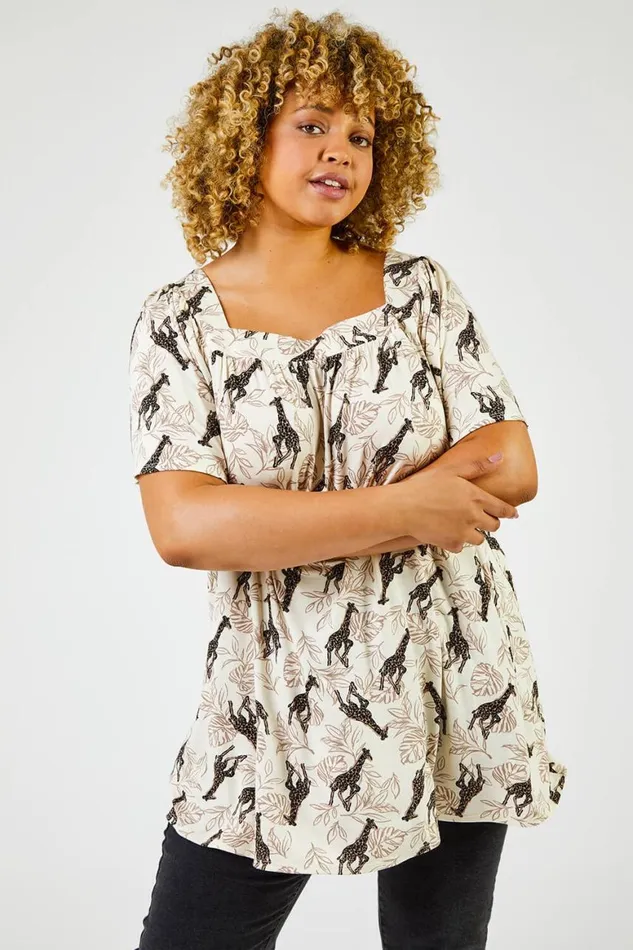 Women Natural Curve Animal Print Square Neck Tunic Top Roman Tops