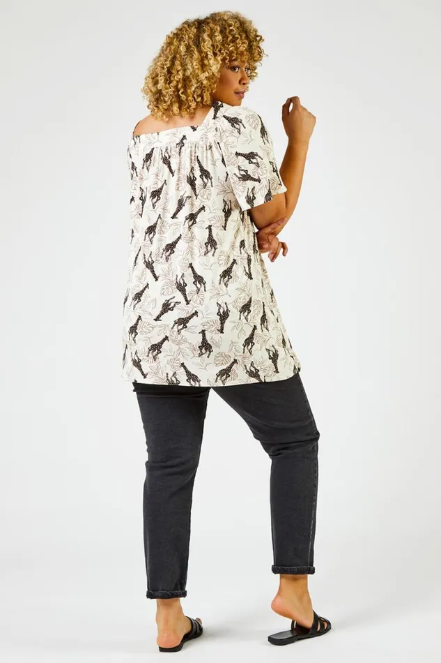 Women Natural Curve Animal Print Square Neck Tunic Top Roman Tops