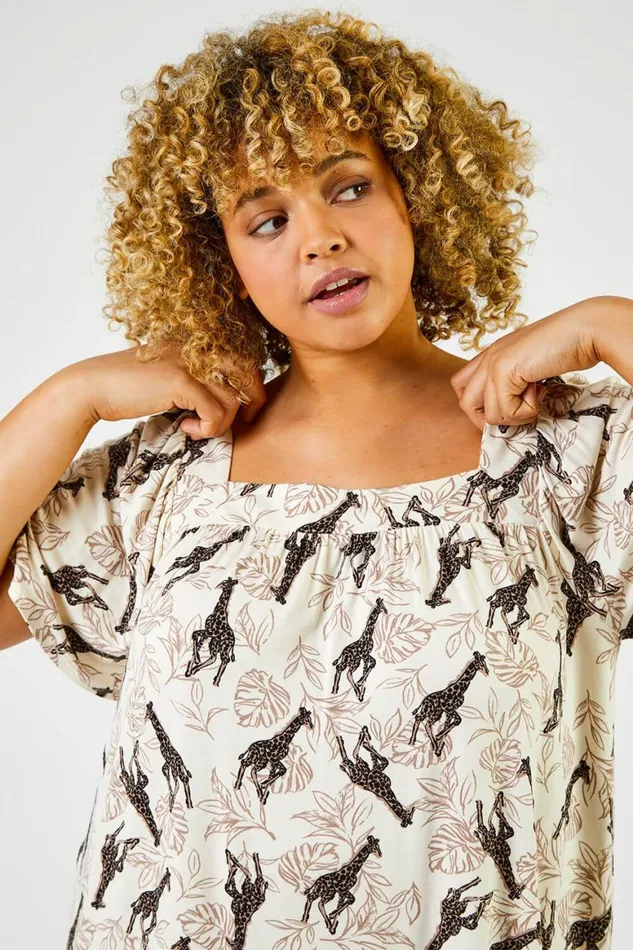 Women Natural Curve Animal Print Square Neck Tunic Top Roman Tops