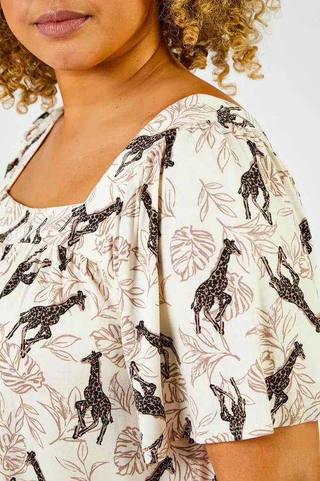 Women Natural Curve Animal Print Square Neck Tunic Top Roman Tops