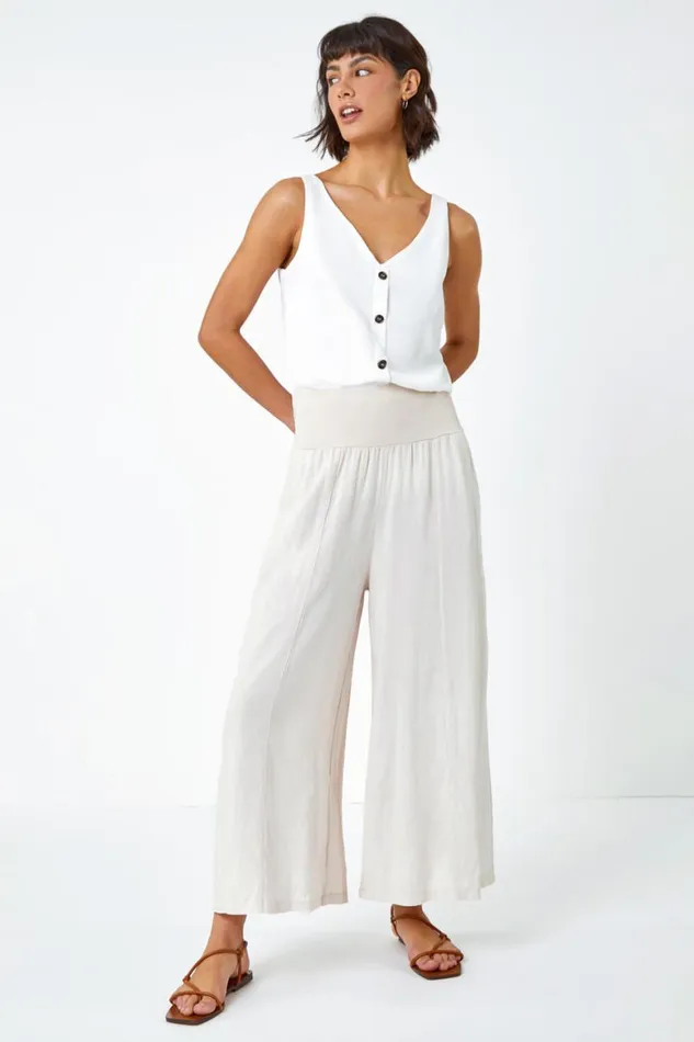 Women Natural Linen Blend Elastic Waist Cropped Culottes Roman Trousers