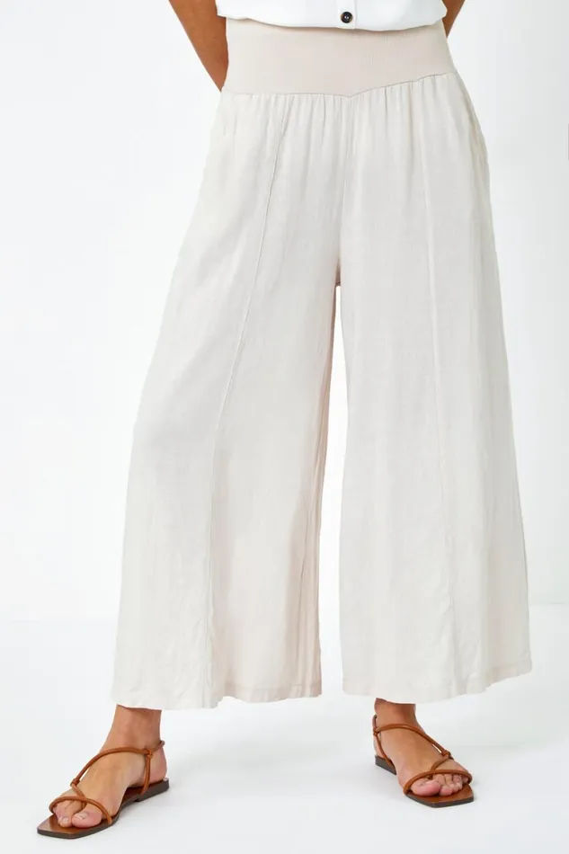 Women Natural Linen Blend Elastic Waist Cropped Culottes Roman Trousers