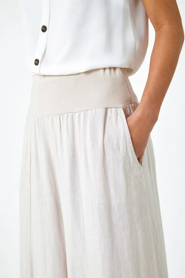 Women Natural Linen Blend Elastic Waist Cropped Culottes Roman Trousers