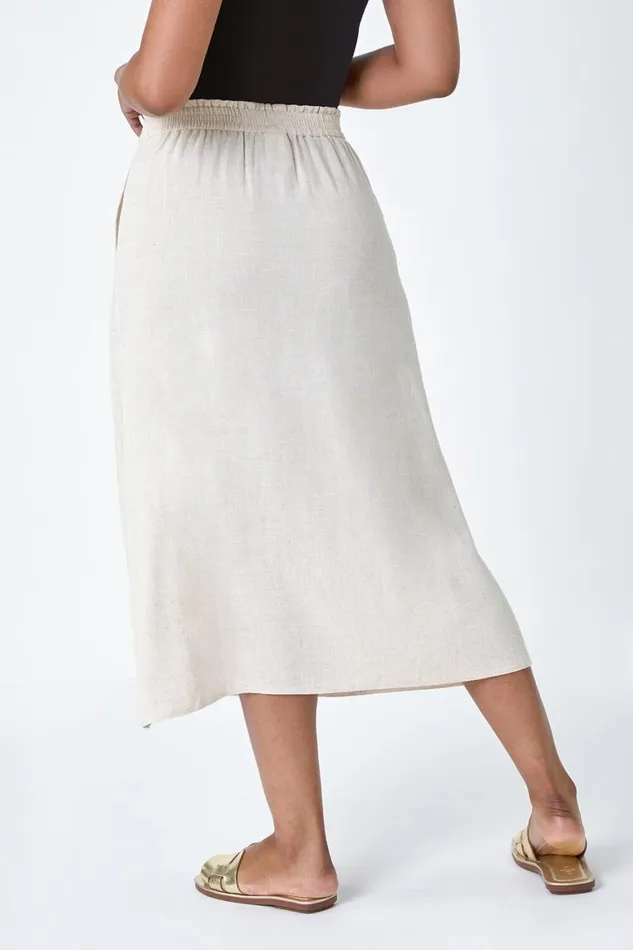 Women Natural Petite Linen Blend Button A Line Midi Skirt Roman Skirts