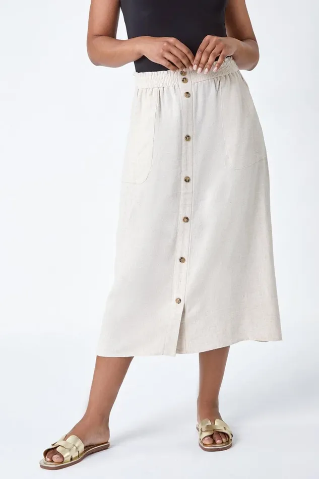 Women Natural Petite Linen Blend Button A Line Midi Skirt Roman Skirts