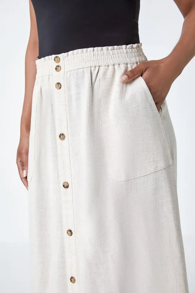 Women Natural Petite Linen Blend Button A Line Midi Skirt Roman Skirts