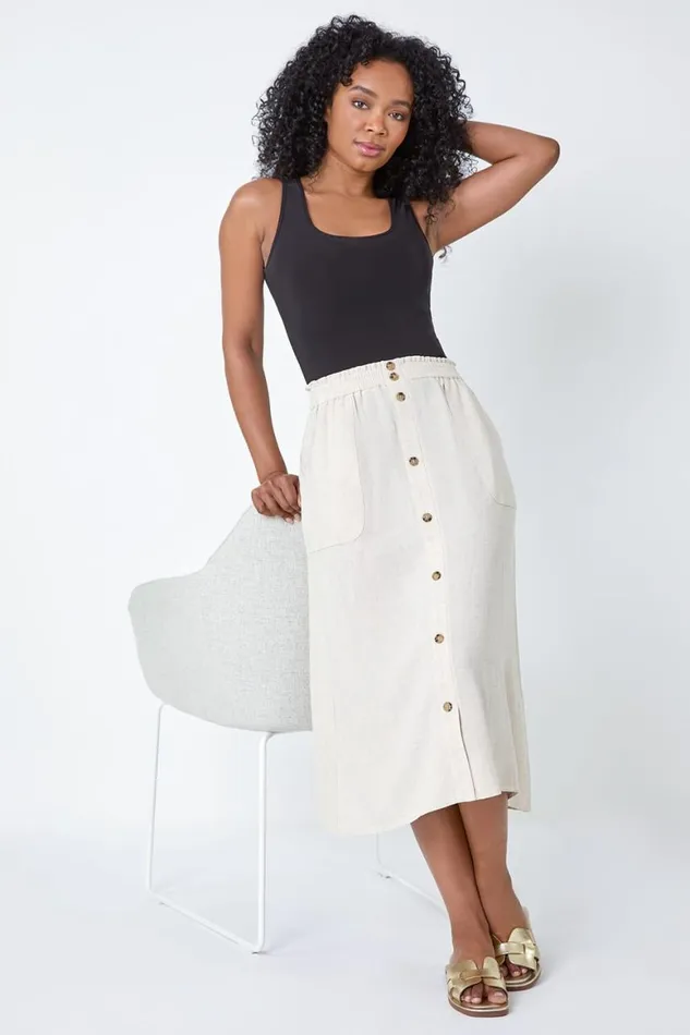 Women Natural Petite Linen Blend Button A Line Midi Skirt Roman Skirts