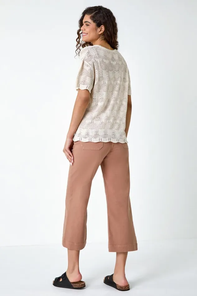 Women Natural Pointelle Knit Scalloped Hem Top Roman Tops