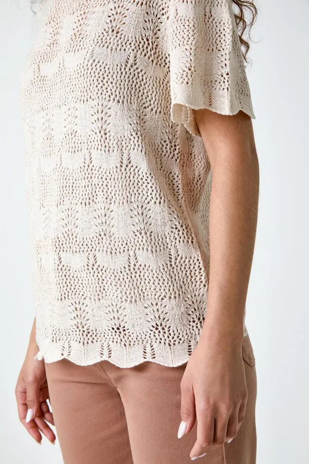 Women Natural Pointelle Knit Scalloped Hem Top Roman Tops