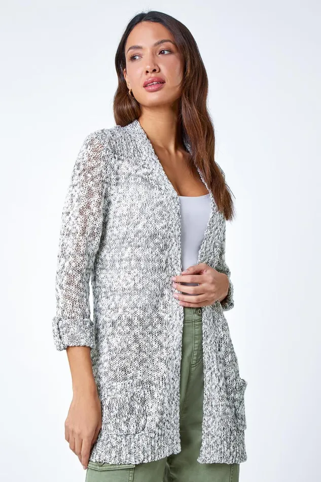 Women Natural Textured Shimmer Longline Cardigan Roman Knitwear
