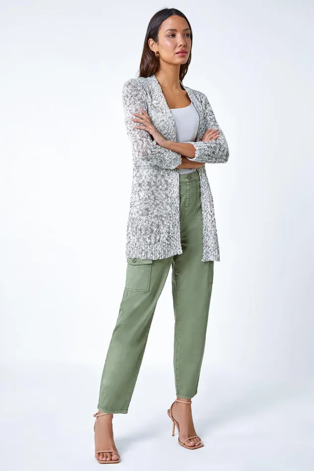 Women Natural Textured Shimmer Longline Cardigan Roman Knitwear