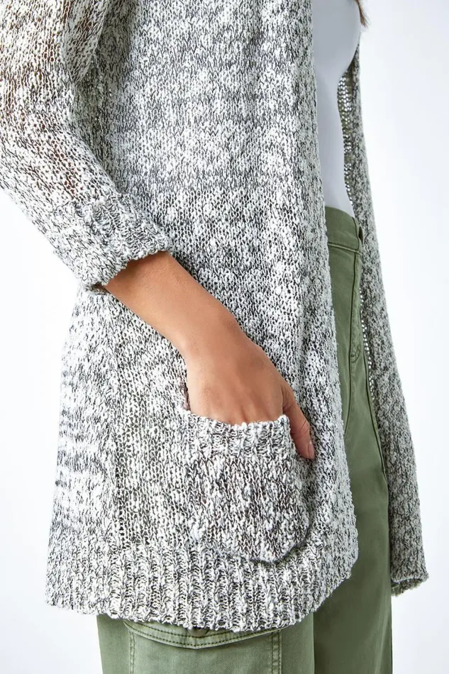 Women Natural Textured Shimmer Longline Cardigan Roman Knitwear