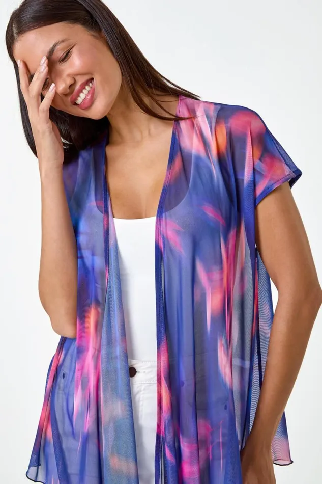 Women Navy Abstract Print Stretch Mesh Cardigan Roman Tops