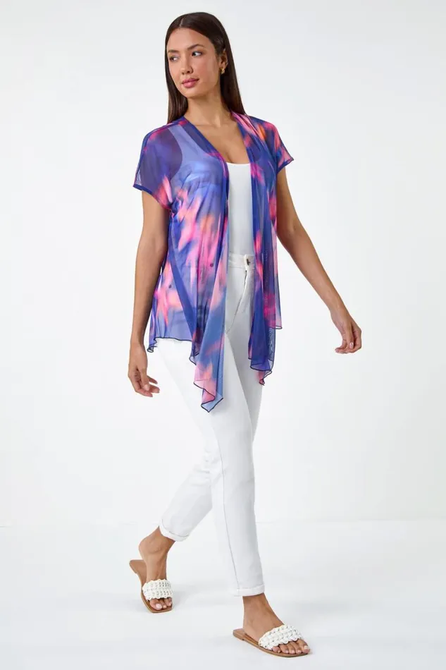Women Navy Abstract Print Stretch Mesh Cardigan Roman Tops