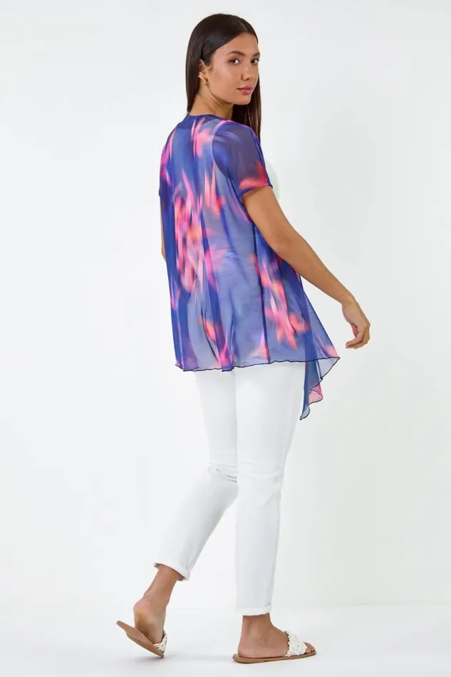 Women Navy Abstract Print Stretch Mesh Cardigan Roman Tops