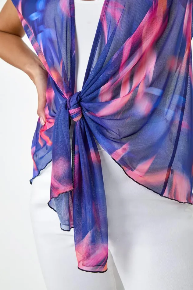 Women Navy Abstract Print Stretch Mesh Cardigan Roman Tops