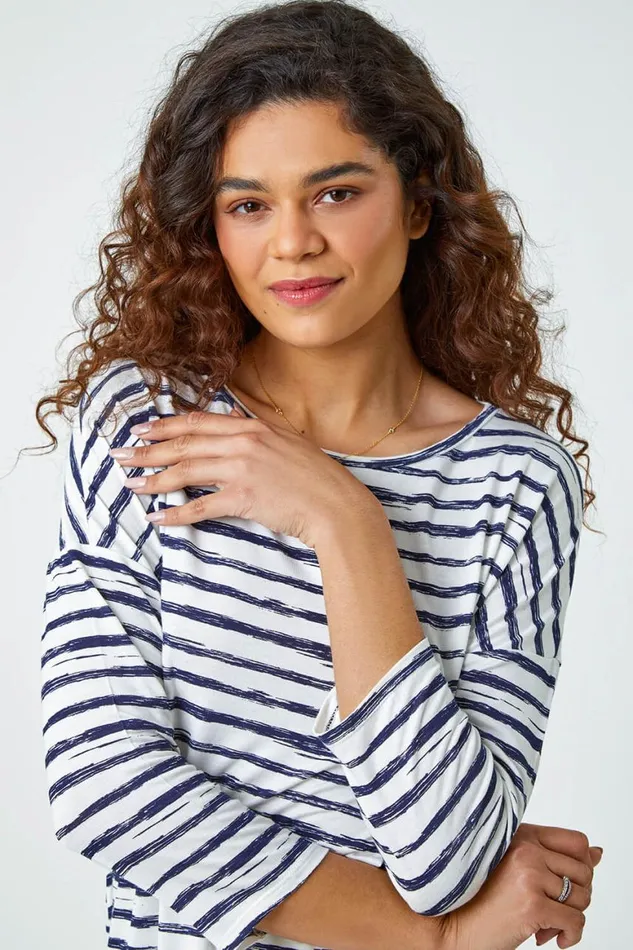 Women Navy Abstract Stripe Print Stretch Top Roman Tops