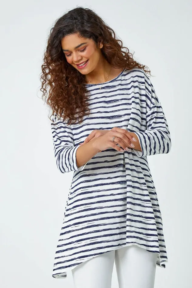 Women Navy Abstract Stripe Print Stretch Top Roman Tops