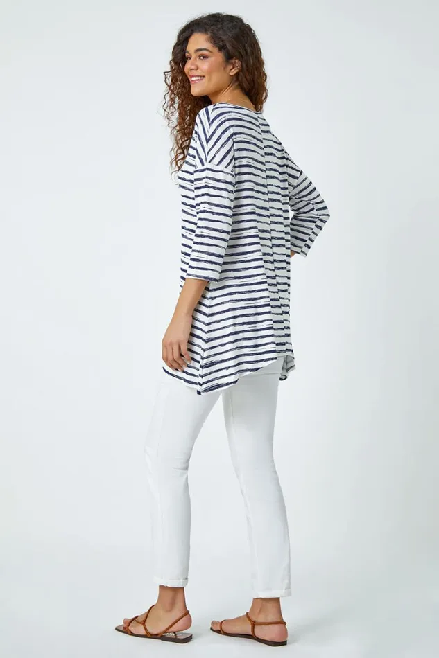 Women Navy Abstract Stripe Print Stretch Top Roman Tops