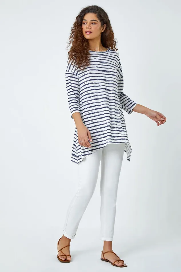 Women Navy Abstract Stripe Print Stretch Top Roman Tops
