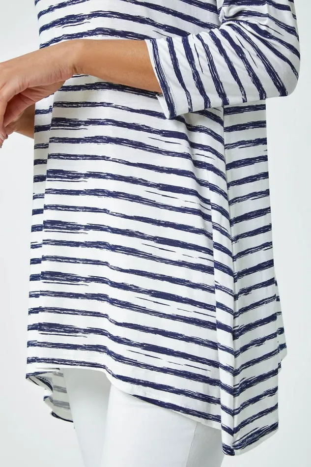 Women Navy Abstract Stripe Print Stretch Top Roman Tops