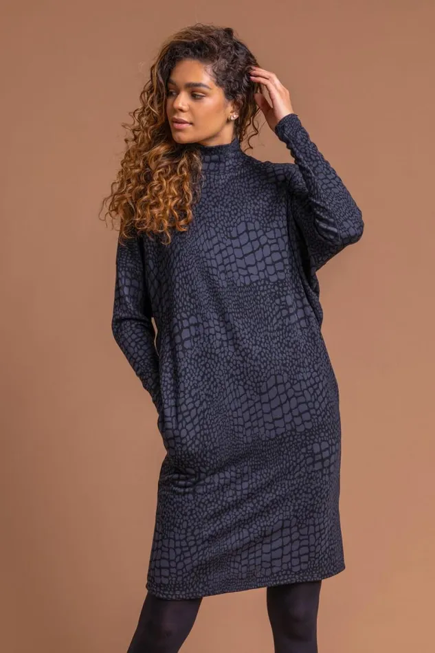 Women Navy Animal Print Jacquard Polo Neck Dress Roman Dresses