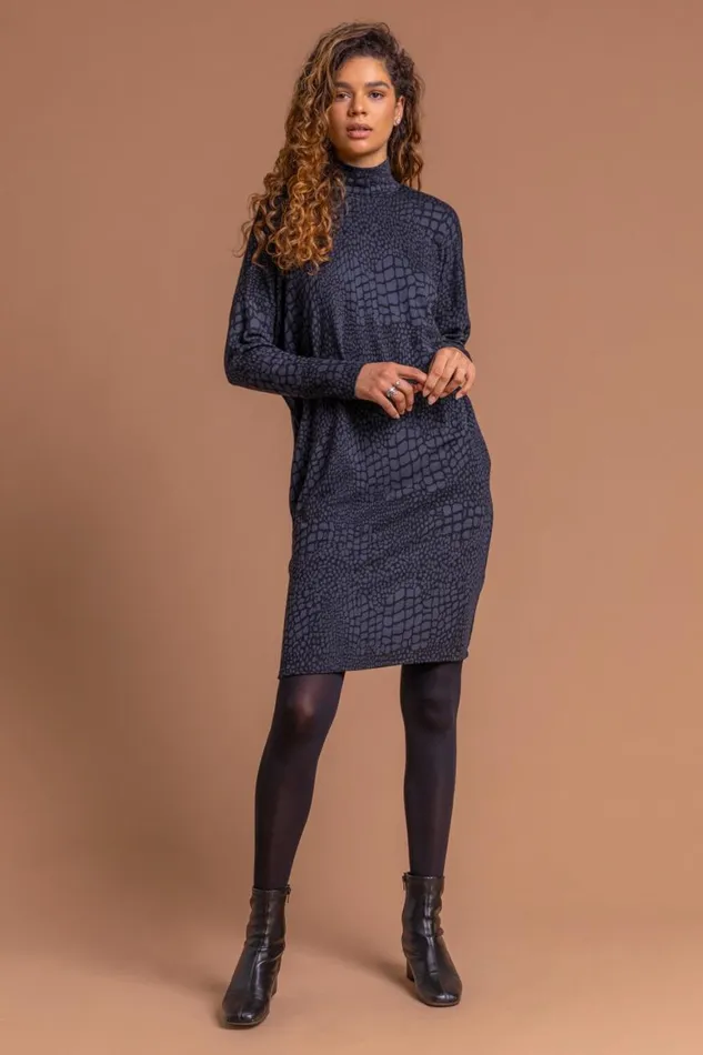 Women Navy Animal Print Jacquard Polo Neck Dress Roman Dresses