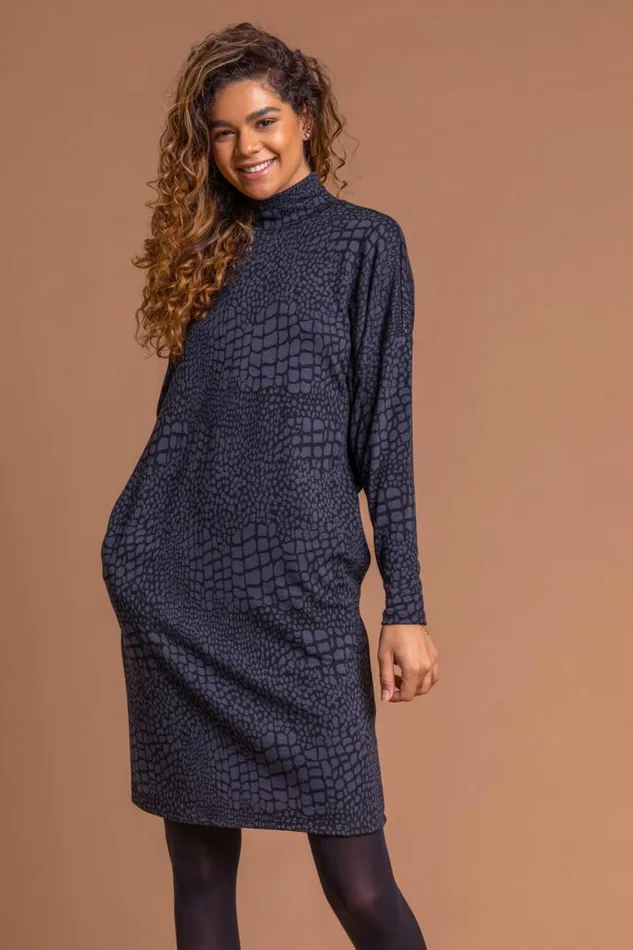 Women Navy Animal Print Jacquard Polo Neck Dress Roman Dresses