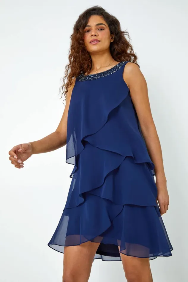 Women Navy Bead Embellished Tiered Chiffon Dress Roman Dresses