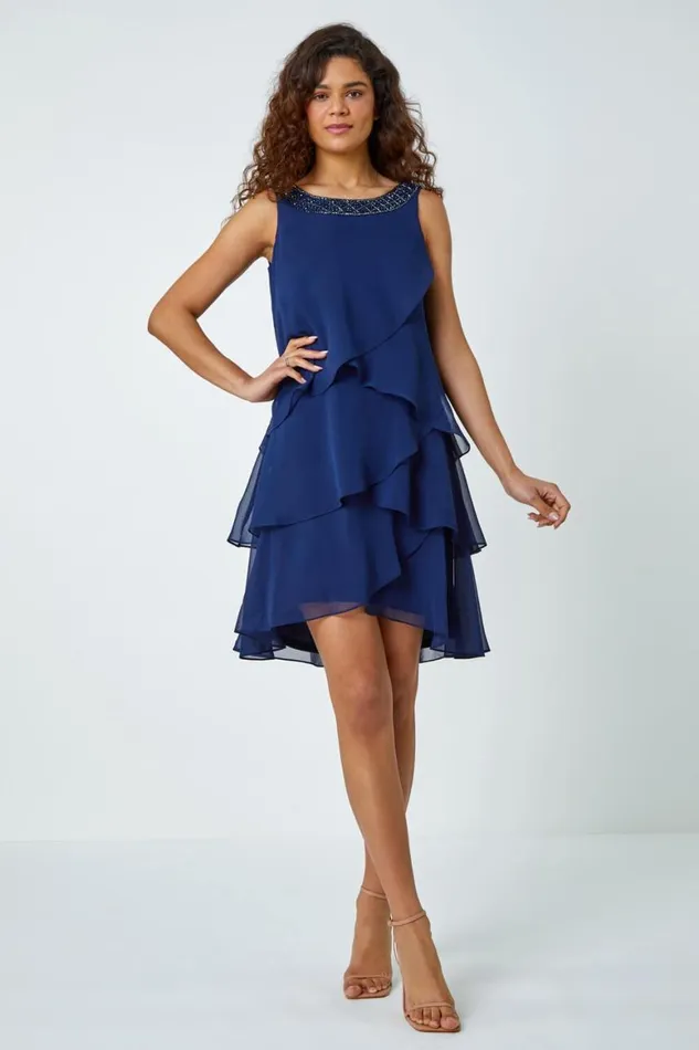 Women Navy Bead Embellished Tiered Chiffon Dress Roman Dresses