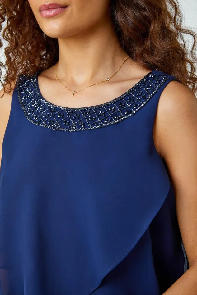 Women Navy Bead Embellished Tiered Chiffon Dress Roman Dresses