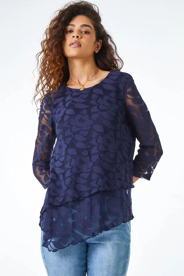 Women Navy Burnout Leaf Asymmetric Stretch Top Roman Tops