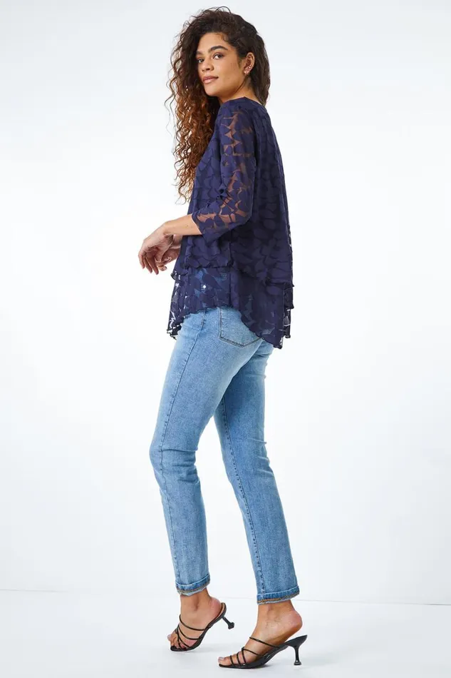 Women Navy Burnout Leaf Asymmetric Stretch Top Roman Tops