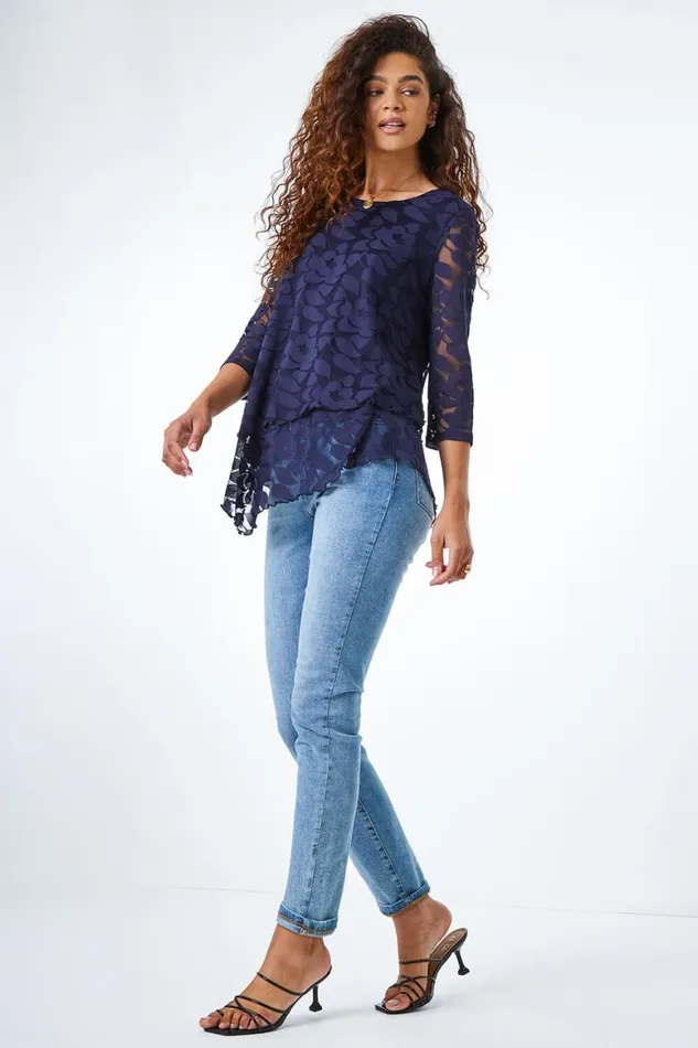 Women Navy Burnout Leaf Asymmetric Stretch Top Roman Tops