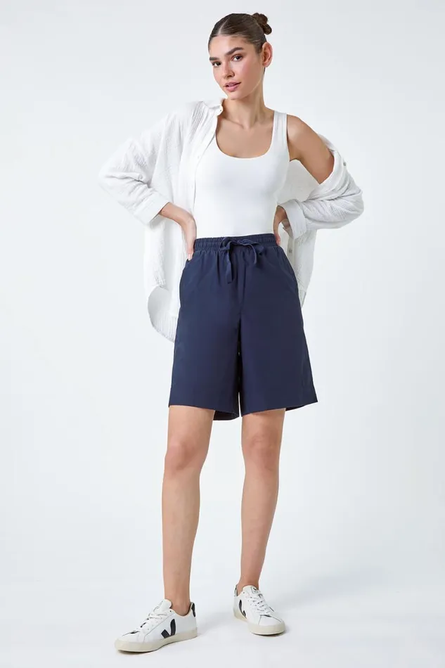 Women Navy Cotton Tie Detail Pocket Shorts Roman Trousers