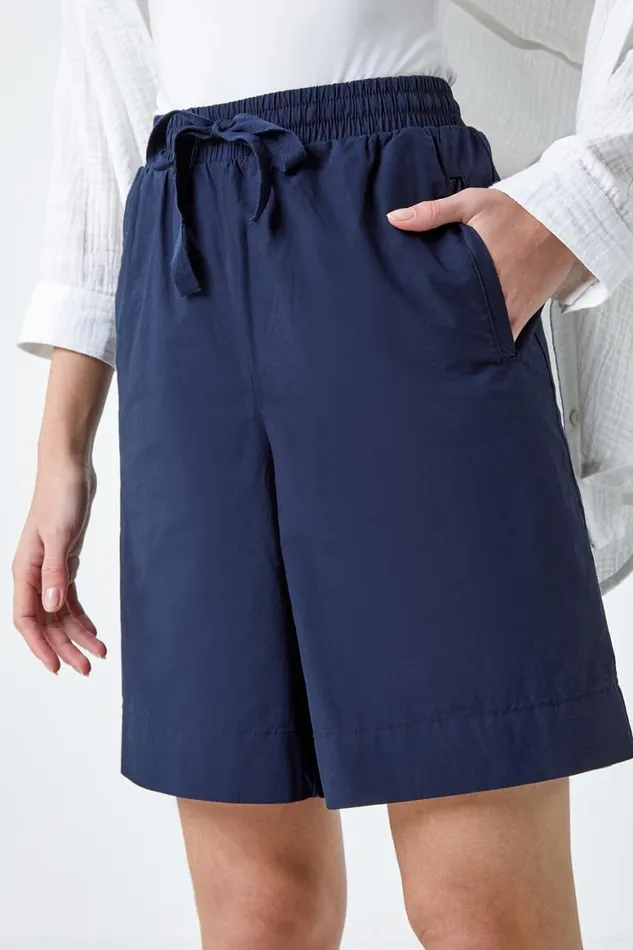 Women Navy Cotton Tie Detail Pocket Shorts Roman Trousers