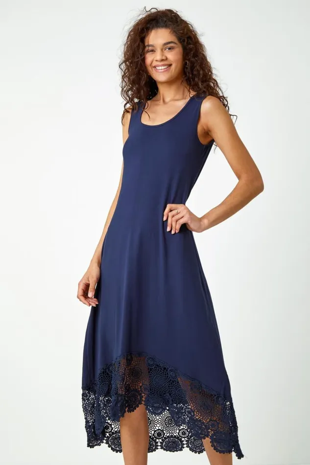 Women Navy Crochet Hem Stretch Midi Dress Roman Dresses