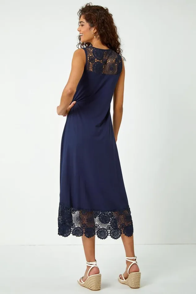 Women Navy Crochet Hem Stretch Midi Dress Roman Dresses