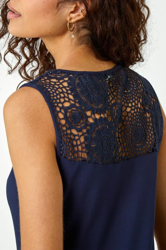 Women Navy Crochet Hem Stretch Midi Dress Roman Dresses
