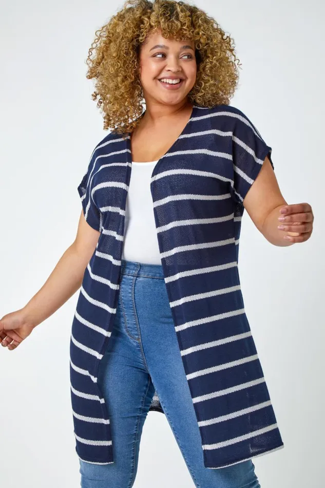 Women Navy Curve Longline Striped Cardigan Roman Knitwear