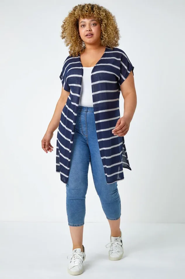 Women Navy Curve Longline Striped Cardigan Roman Knitwear