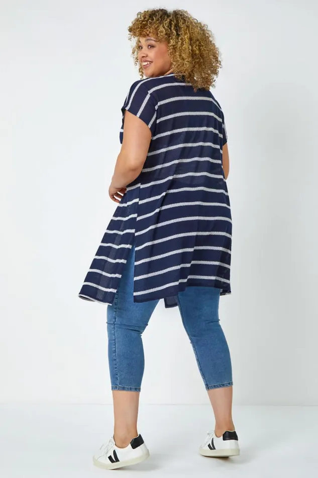 Women Navy Curve Longline Striped Cardigan Roman Knitwear