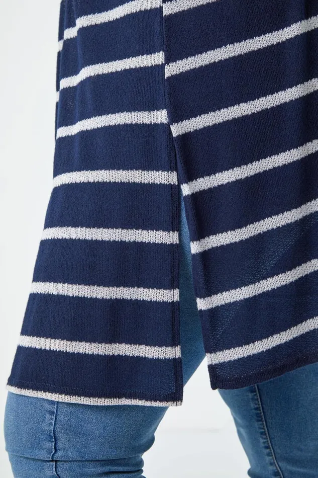 Women Navy Curve Longline Striped Cardigan Roman Knitwear