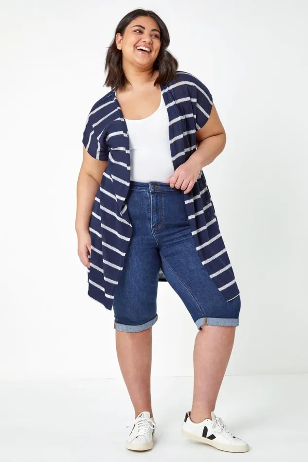 Women Navy Curve Longline Striped Cardigan Roman Knitwear