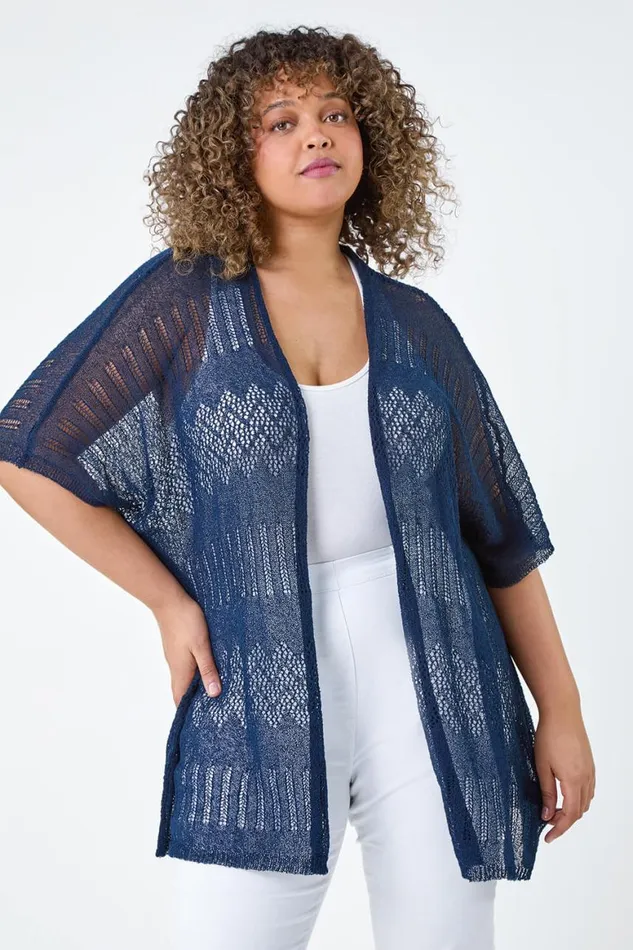 Women Navy Curve Pointelle Knit Stretch Cardigan Roman Knitwear