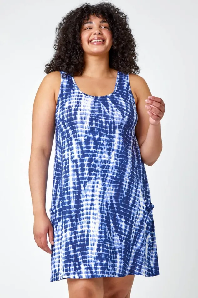 Women Navy Curve Tie Dye Stretch Swing Dress Roman Dresses