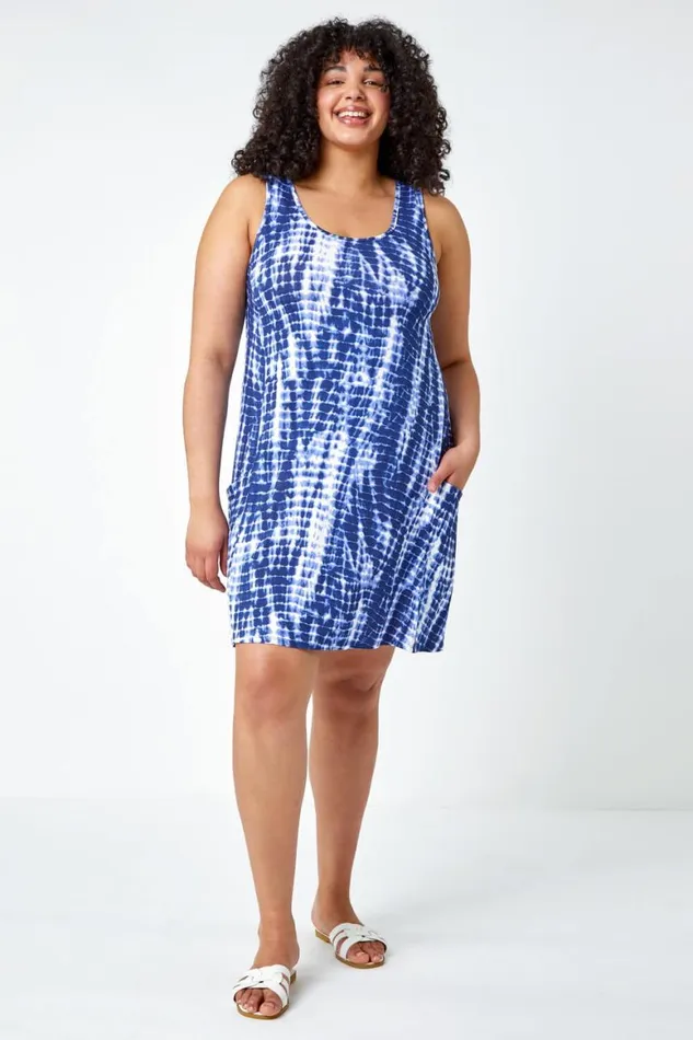 Women Navy Curve Tie Dye Stretch Swing Dress Roman Dresses