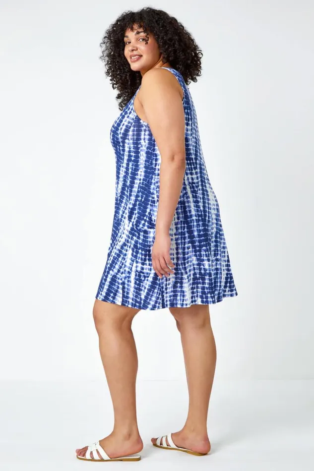 Women Navy Curve Tie Dye Stretch Swing Dress Roman Dresses