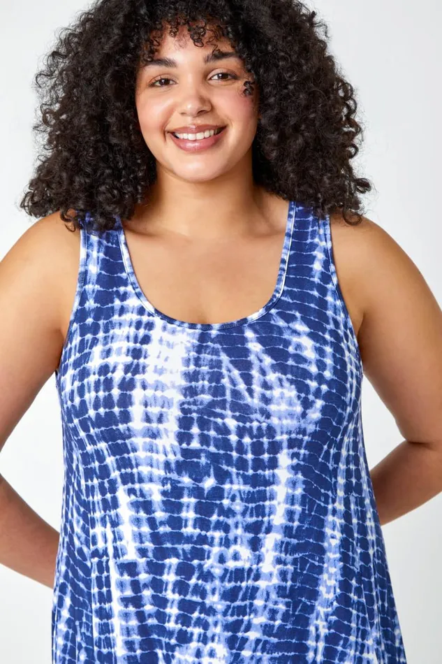 Women Navy Curve Tie Dye Stretch Swing Dress Roman Dresses